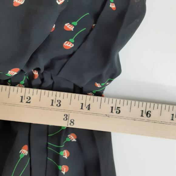 Vintage 80s Drop Waist Mini Dress Peter Pan Collar Sheer Floral Black Womens 10 - Picture 12 of 15